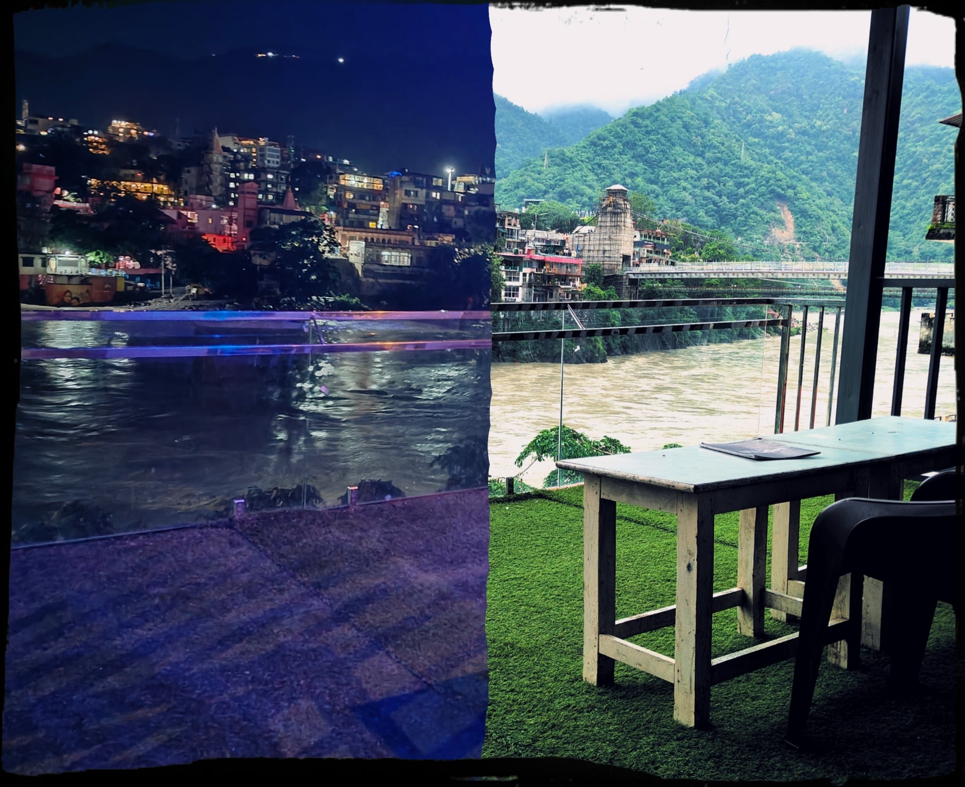 Split image: left shows Rishikesh town lights reflecting on Ganga River at night; right shows green mountains, Ganga, and Laxman Jhula by day.